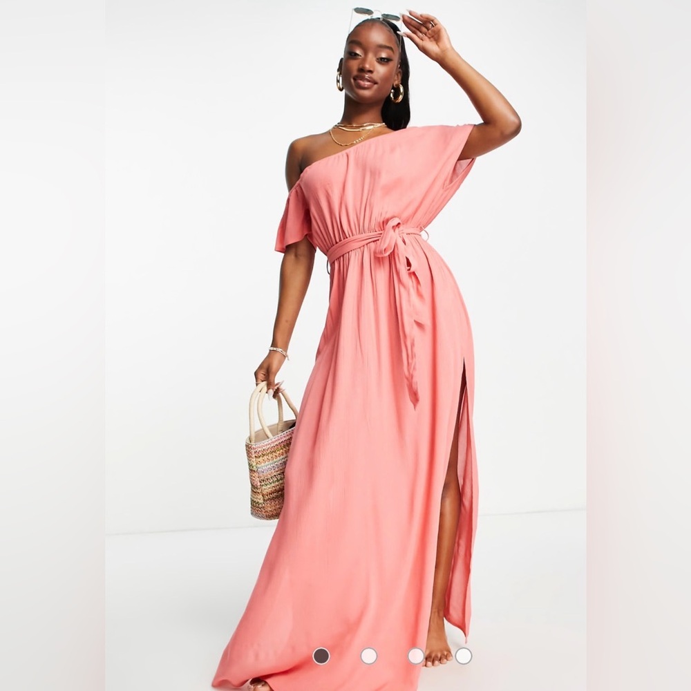 ASOS DESIGN Maxi Beach Dress Women’s 4 Off Shoulder Tie Waist Rusty Coral Resort